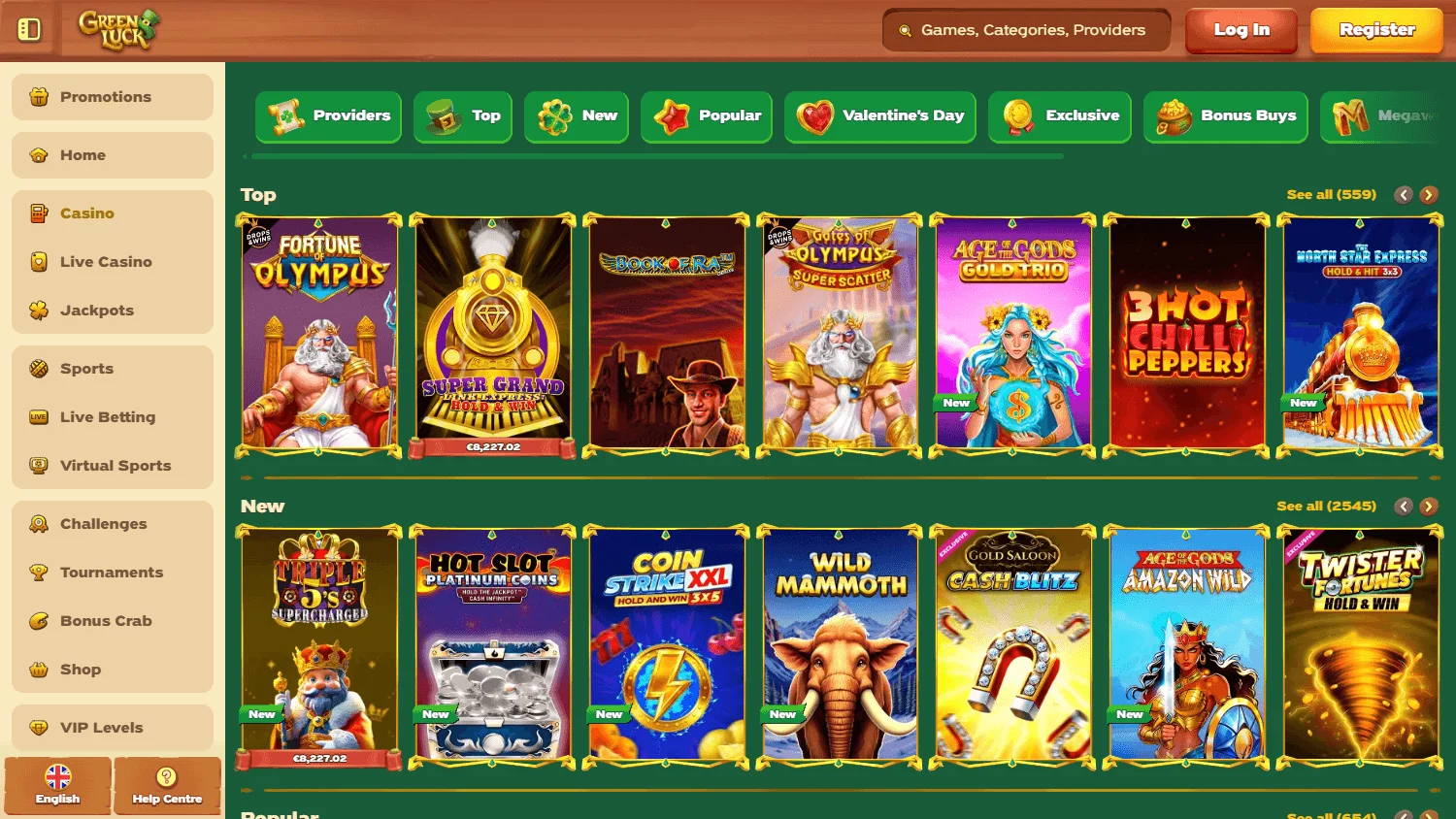Green Luck Casino desktop game lobby with pokies and live dealer options