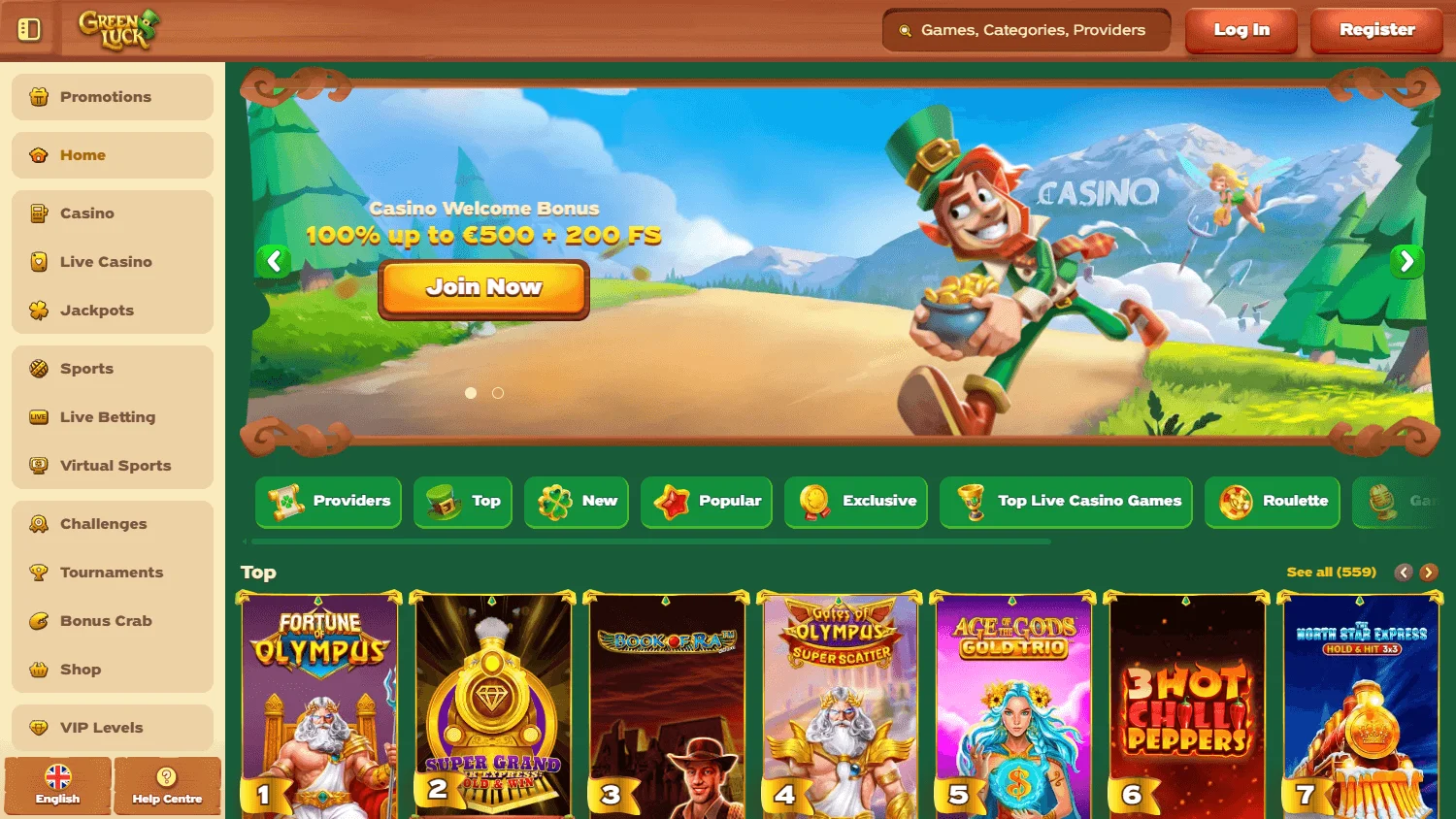 Green Luck Casino desktop home with casino and sportsbook access for Australian players