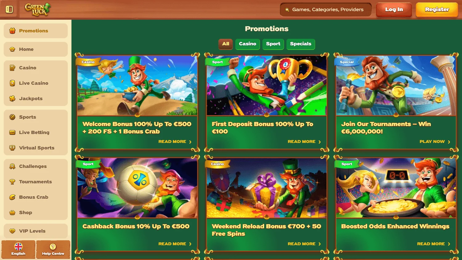Green Luck Casino desktop promotions area with welcome and ongoing rewards