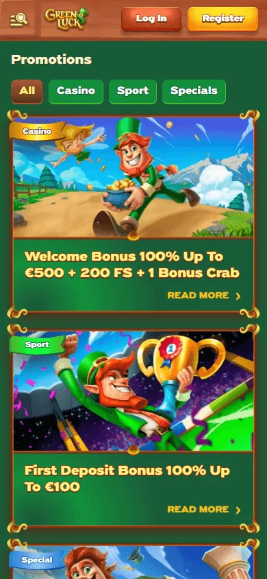 Green Luck Casino mobile promotions area with Bonus Crab and VIP rewards