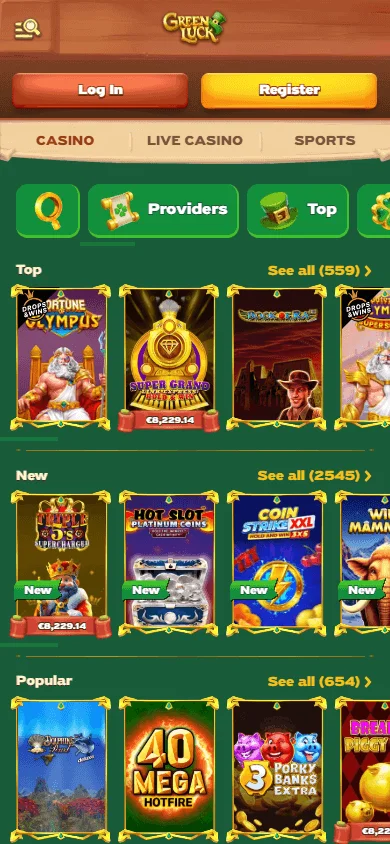 Green Luck Casino mobile game lobby with casino and betting access
