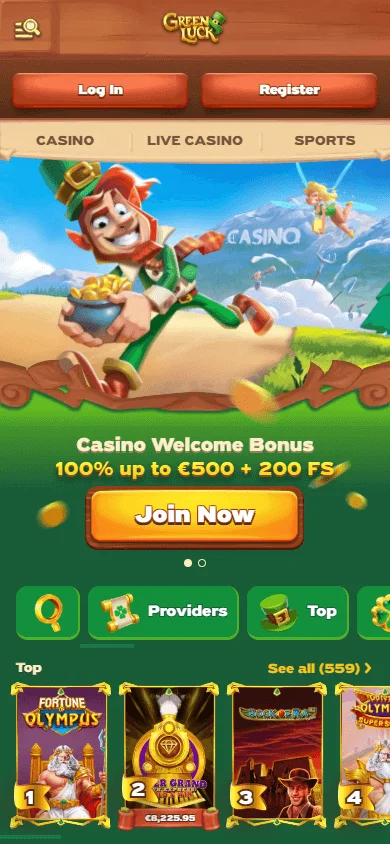 Green Luck Casino mobile home accessed through a responsive browser website